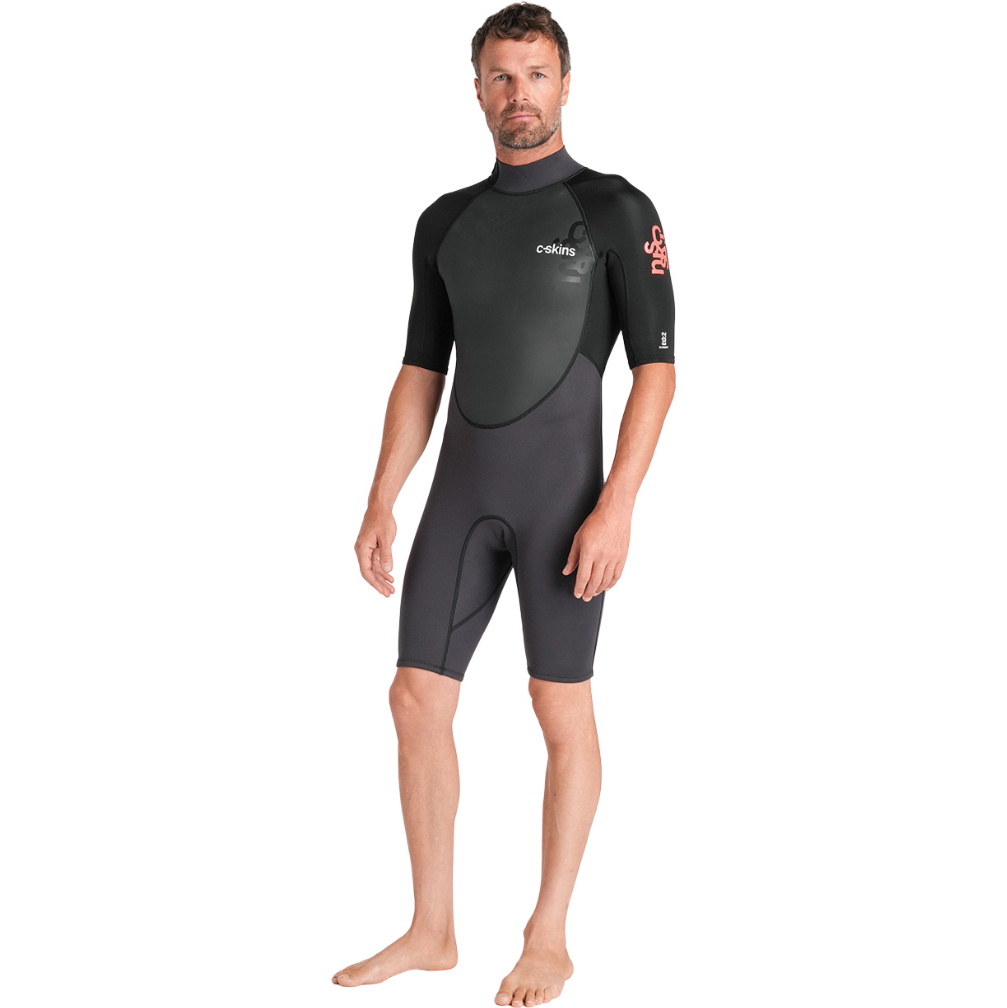 2026 C-Skins Herre Element 3/2mm Back Zip Shorty Våddragt C-EL32SHM  Antracit / Black / Neon Flare